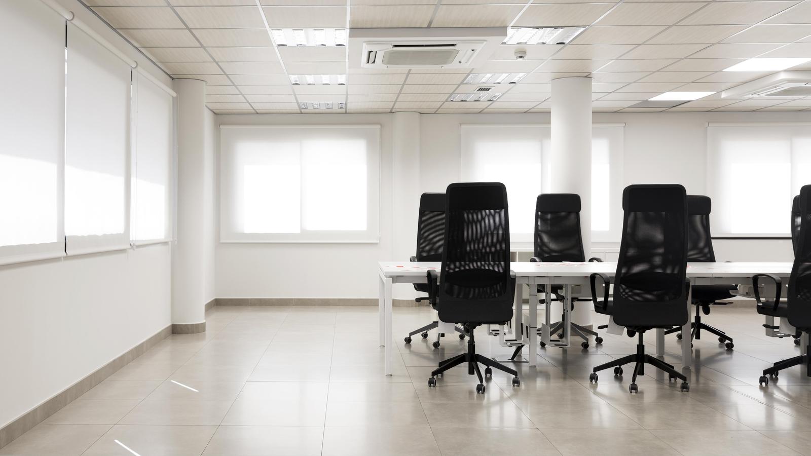 Sala de reuniones vacía con techo de placas y luminarias
